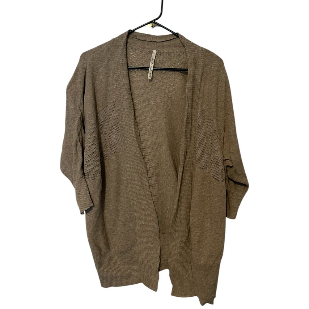 Leo & Nicole brown linen blend open front knit lightweight cardigan size Medium